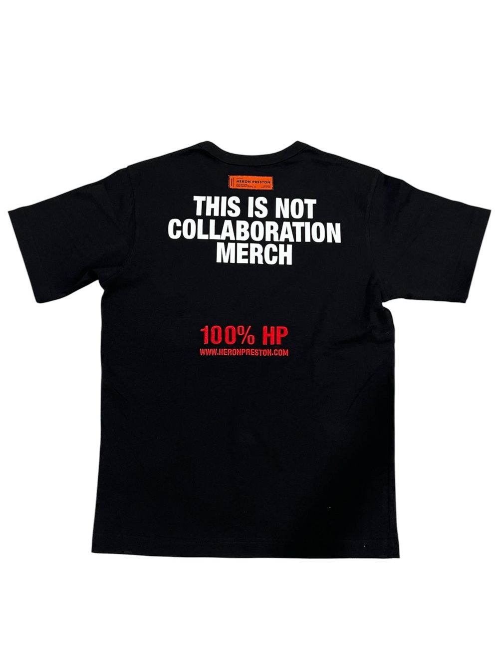 Heron Preston Black Tee with White Back Text and Red Accents